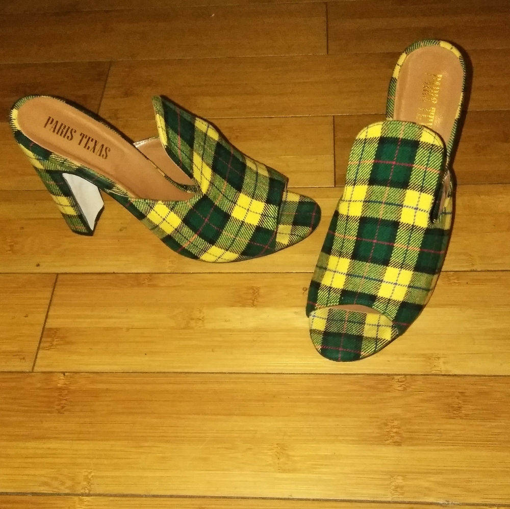 Green and Yellow TARTAIN PLAID Platform Mule SZ 41